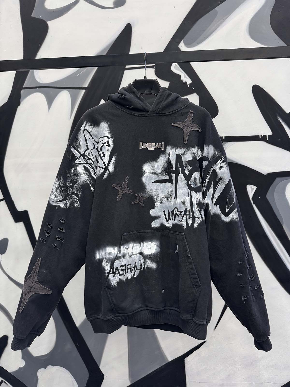 UNREAL Custom made Hoodie - Unique, destroyed, 1/1 product with extra sewings and durable painted finish on it.