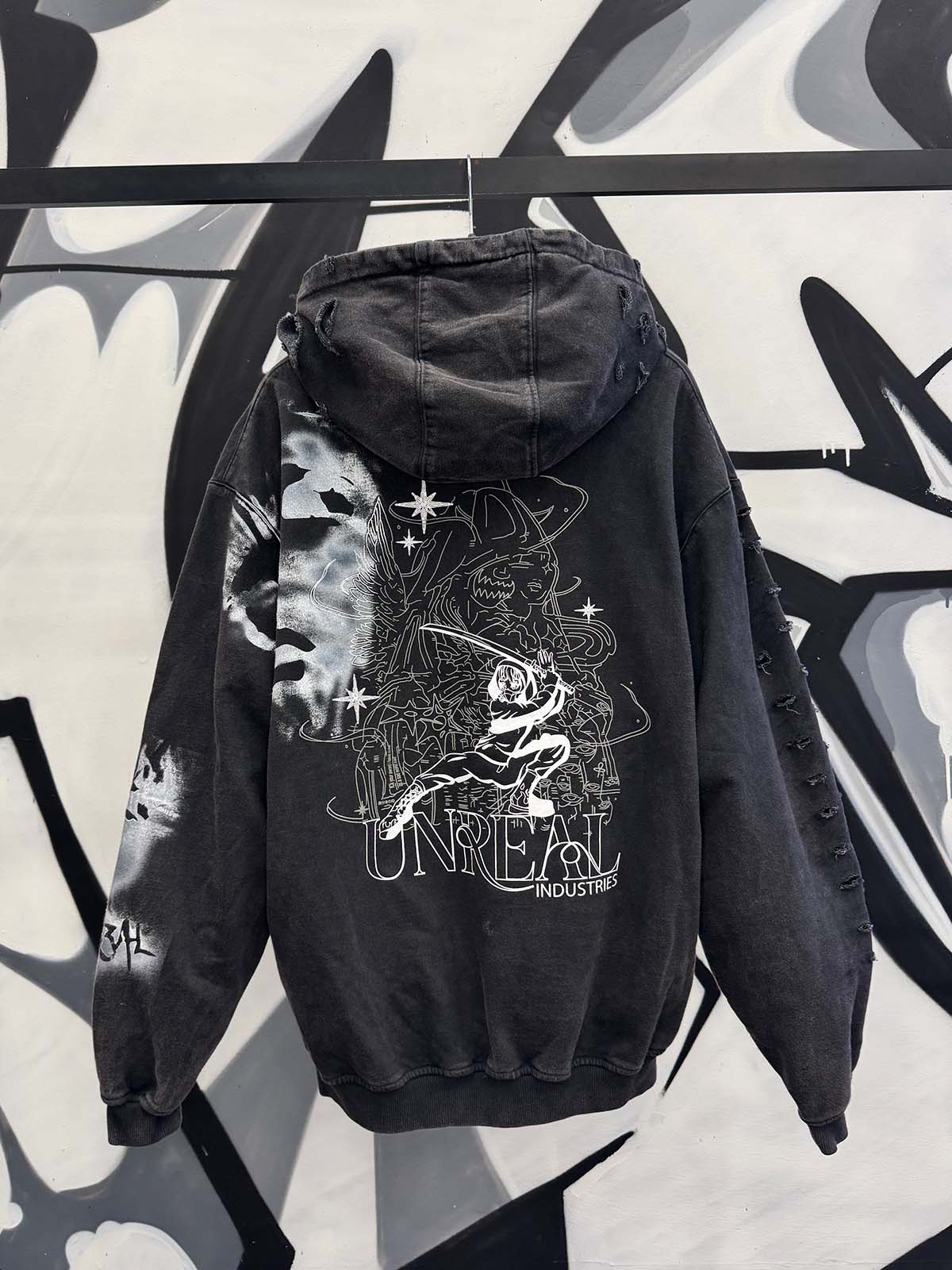 UNREAL Full Face Custom Destroyed Hoodie Size L