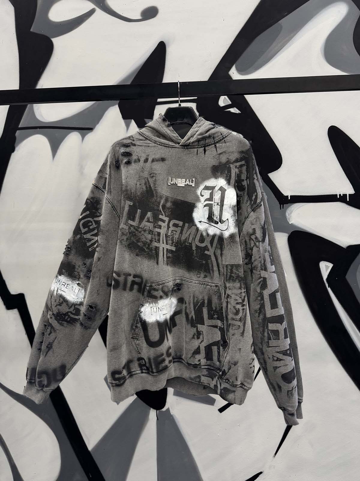 UNREAL Custom made Hoodie - Unique, destroyed, 1/1 product with extra sewings and durable painted finish on it.