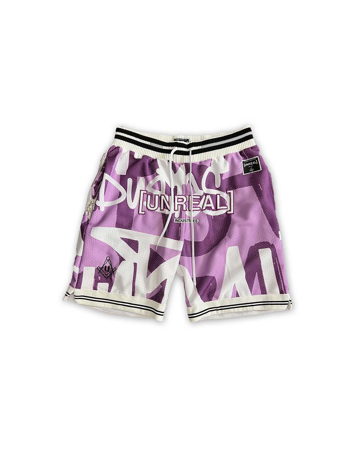 UNREAL Team Shorts purple Graffiti style for sport and streetwear.  Embroidered big logo on front.